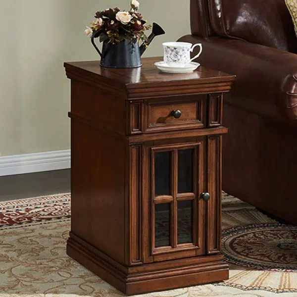 Contemporary Retro Rectangular Rubber Wood Fiberboard Metal Side Table 1-Drawer Cabinet For Bedroom - Image 17