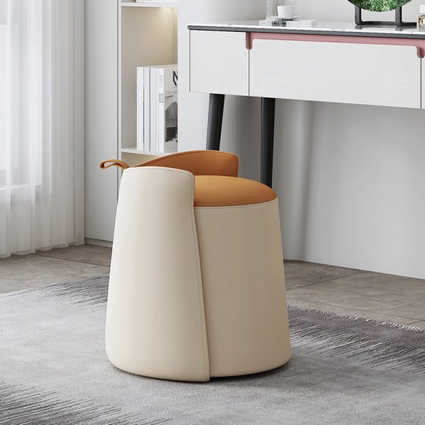 Contemporary Nordic Round Cylinder Leather Wood Vanity Stool Low Backrest For Bedroom - Image 13