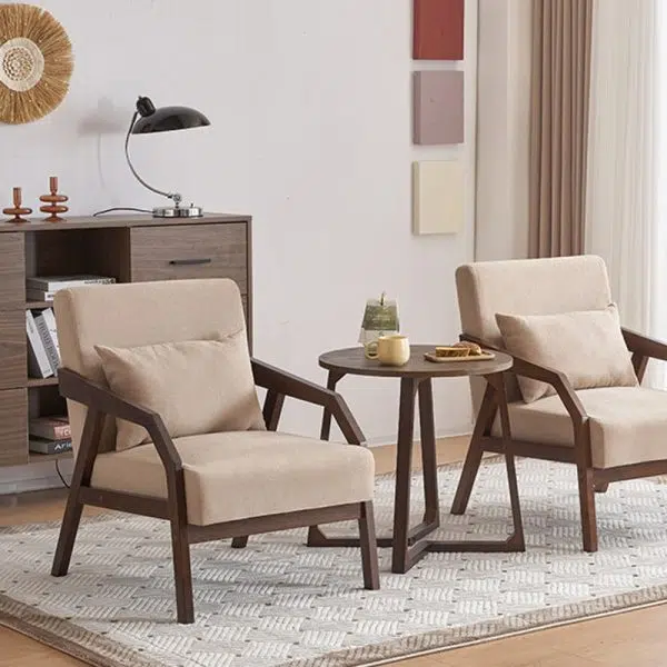 Contemporary Scandinavian Rectangular Fabric Wood Accent Chair Backrest Armrest For Living Room