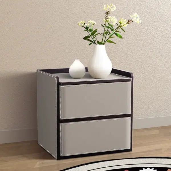 Contemporary Nordic Rectangular Leather Wood Nightstand 2-Drawer For Bedroom - Image 2