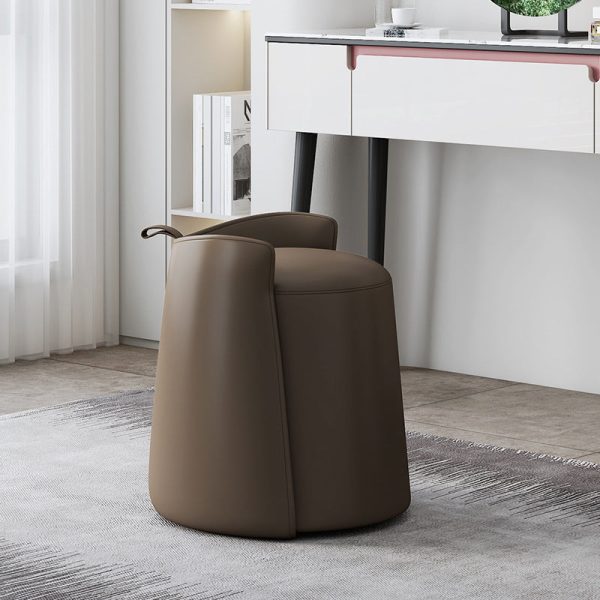 Contemporary Nordic Round Cylinder Leather Wood Vanity Stool Low Backrest For Bedroom - Image 14