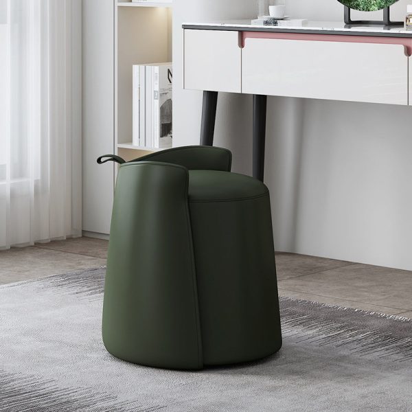 Contemporary Nordic Round Cylinder Leather Wood Vanity Stool Low Backrest For Bedroom - Image 15