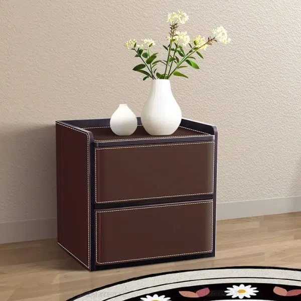 Contemporary Nordic Rectangular Leather Wood Nightstand 2-Drawer For Bedroom - Image 12
