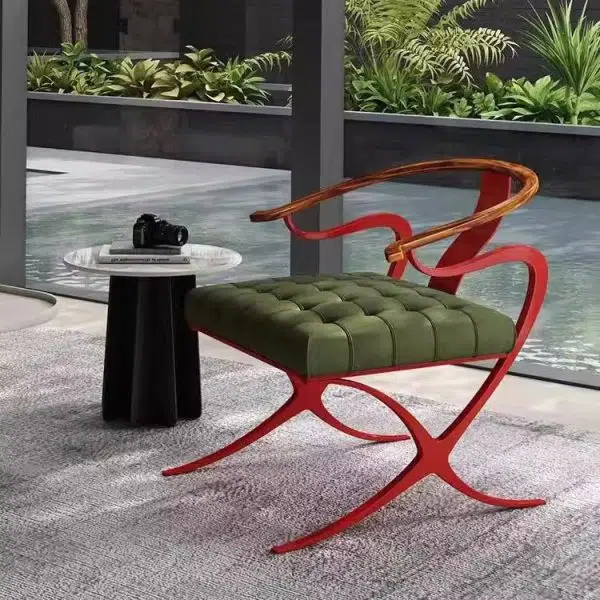 Contemporary Retro Curved Wood Leather Chair Backrest Armrest For Living Room