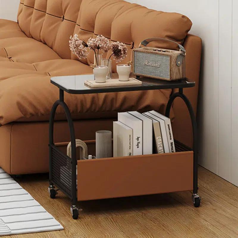 SKU-01-61b9b775-9e91-4c16-b8fa-ca5a17fe0040.jpg Contemporary Luxury Rectangular Glass Iron Leather End Table 2-Tier For Living Room - Image 1