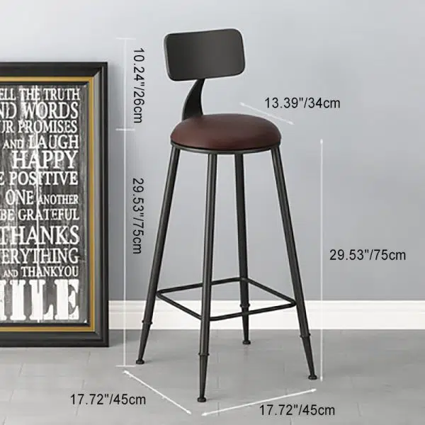 Contemporary Industrial Round Faux Leather Upholstered Bar Stool Backrest Footrest For Dining Room - Image 5