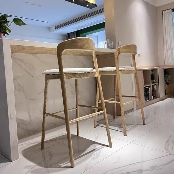 Contemporary Retro Square Solid Wood Frame Leather Upholstered Bar Stool Low Back Footrest For Dining Room - Image 5