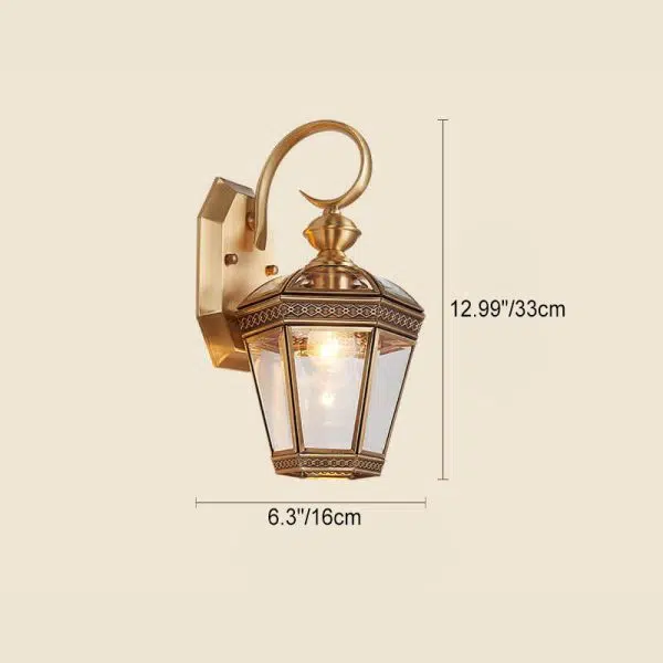 European Modern Hexagonal Lantern Copper Glass Waterproof 1-Light Outdoor Wall Sconce Lamp - Image 4