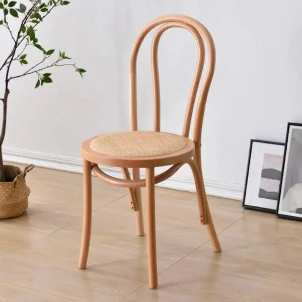 Traditional Vintage Round Wood Rattan Chair Backrest Armless For Living Room - Image 3