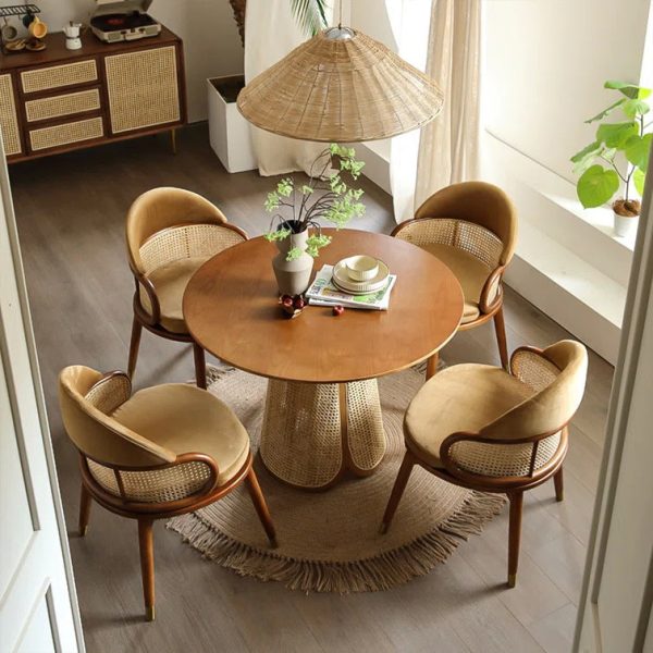 Contemporary Nordic Weaving Ash Wood Rattan Fabric Sponge Round Dining Chair Backrest For Dining Room - Image 3