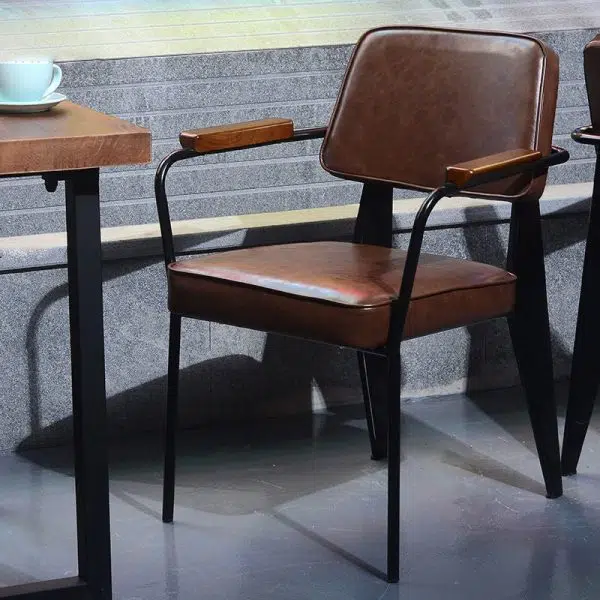 Contemporary Industrial Leather Metal Sponge Wood Square Vertical Stripe Dining Chair Backrest Armrest For Dining Room - Image 15