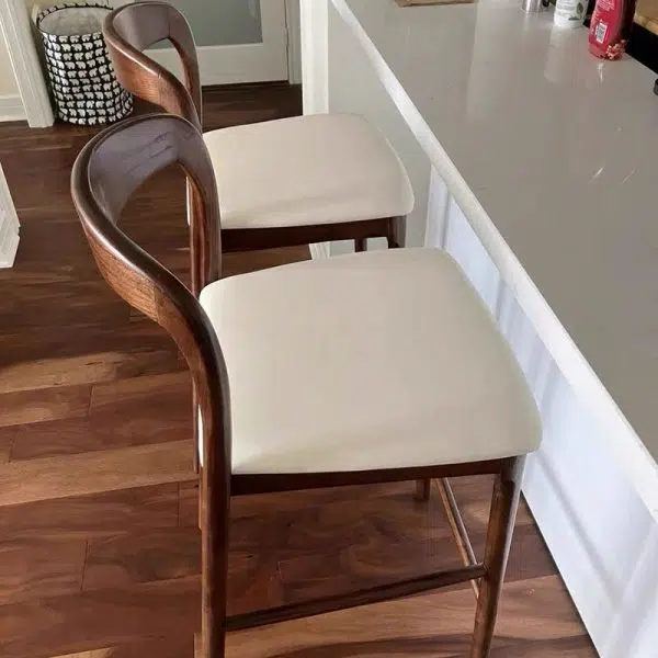 Contemporary Retro Square Solid Wood Frame Leather Upholstered Bar Stool Low Back Footrest For Dining Room - Image 6