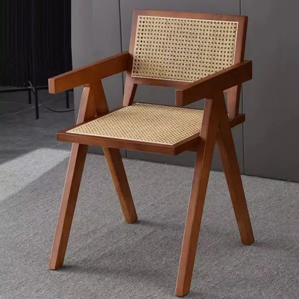 Contemporary Scandinavian Rectangular Wood Rattan Chair Backrest Armrest For Living Room - Image 2