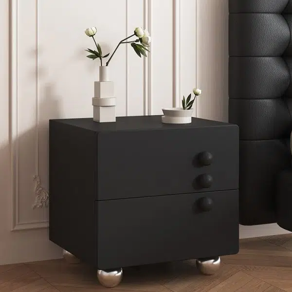 Contemporary Creative Rectangular Orb Artificial Plank Solid Wood Stainless Steel Nightstand 2-Drawer For Bedroom - Image 3