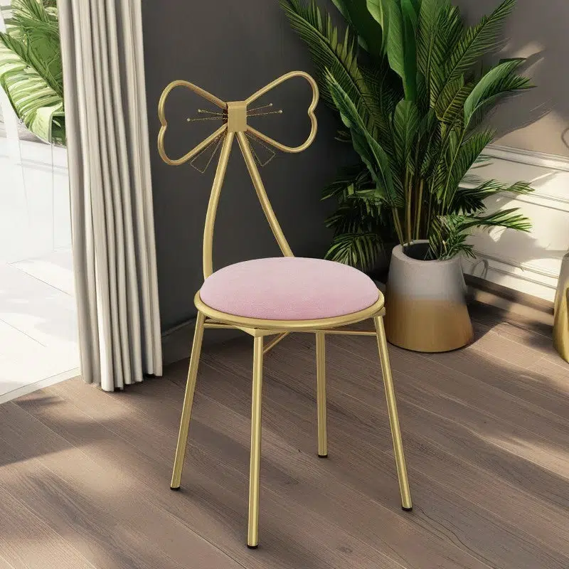 SKU-03-1-bad36af5-34d5-4850-8242-bd4740b11082.jpg Contemporary Creative Bow Round Upholstered Velvet Metal Vanity Stool Backrest For Bedroom - Image 12