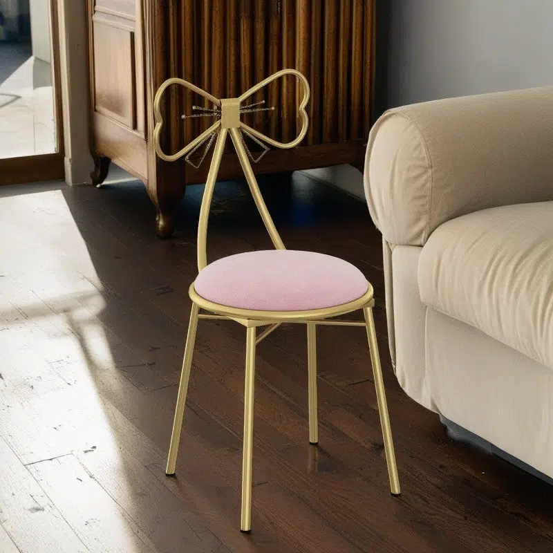 SKU-03-1-d794e830-8ea2-496f-a720-3b02cdb41ee3.jpg Contemporary Creative Bow Round Upholstered Velvet Metal Vanity Stool Backrest For Bedroom - Image 13