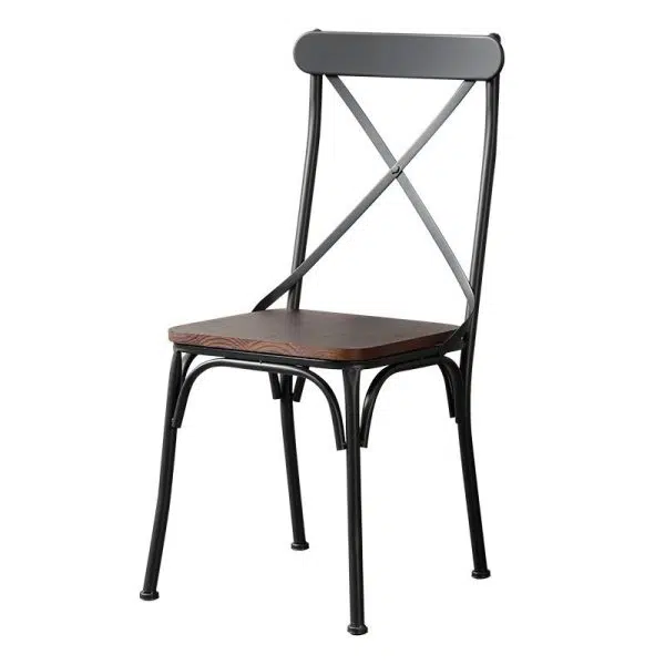 Contemporary Industrial Leather Wood Iron Square X Shape Back Dining Chair & Table Set For Dining Room - Image 23
