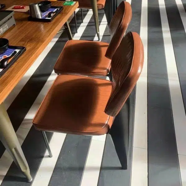 Contemporary Industrial Leather Metal Sponge Wood Square Vertical Stripe Dining Chair Backrest Armrest For Dining Room - Image 16