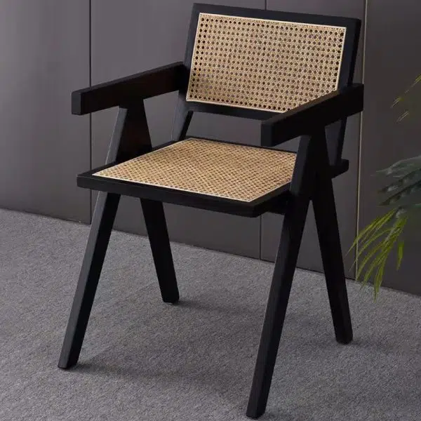 Contemporary Scandinavian Rectangular Wood Rattan Chair Backrest Armrest For Living Room - Image 3