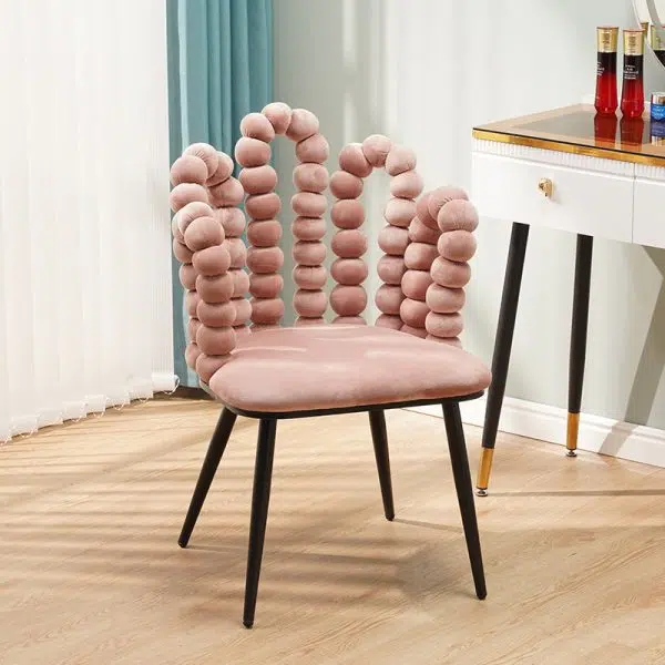 Contemporary Creative Trapezoidal Round Upholstered Bead String Backrest Velvet Carbon Steel Vanity Stool For Bedroom - Image 16