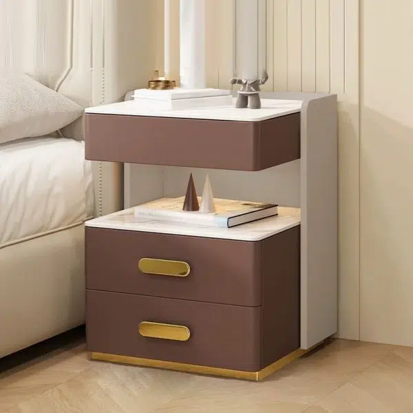 Contemporary Luxury Rectangular Rock Slab Solid Wood Leather Nightstand 2-Drawer For Bedroom - Image 19