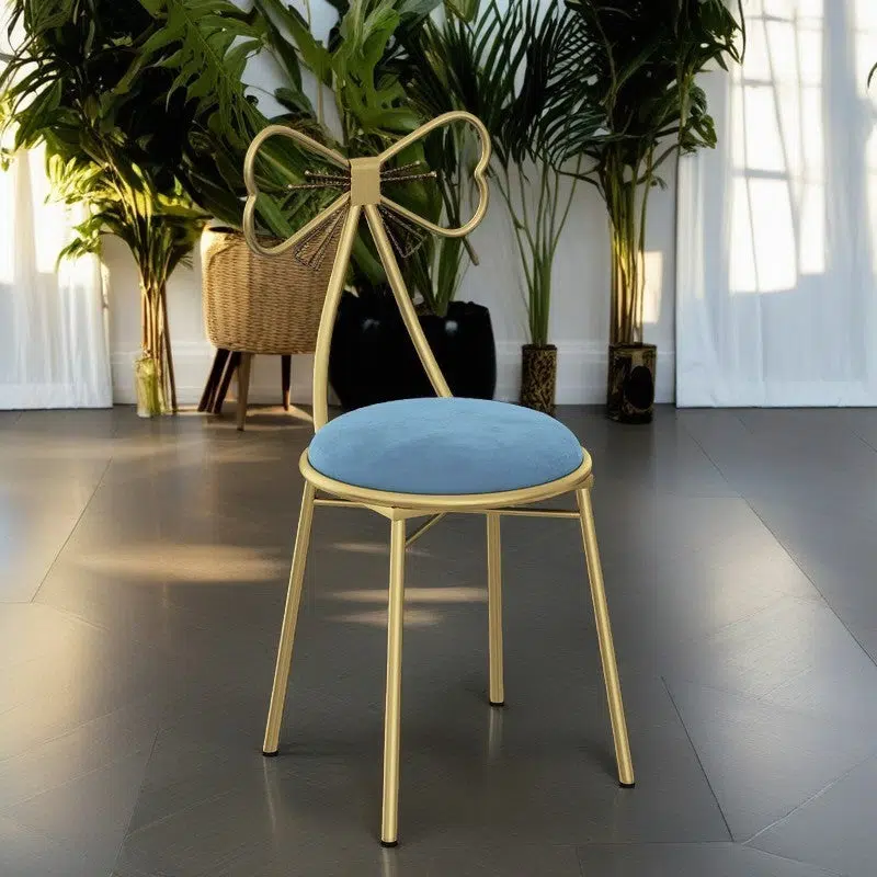 SKU-05-1-1.jpg Contemporary Creative Bow Round Upholstered Velvet Metal Vanity Stool Backrest For Bedroom - Image 14