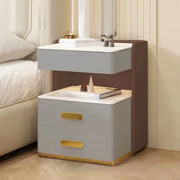 Contemporary Luxury Rectangular Rock Slab Solid Wood Leather Nightstand 2-Drawer For Bedroom - Image 20