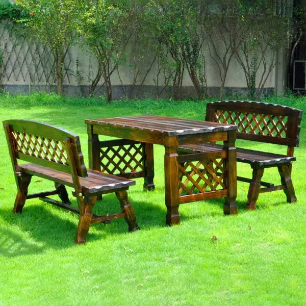 Contemporary Retro Fir Rectangular Lattice Outdoor Coffee Table & Chair Set For Outdoor Patio - Image 26