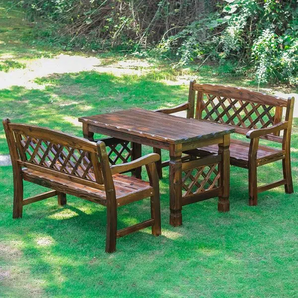 Contemporary Retro Fir Rectangular Lattice Outdoor Coffee Table & Chair Set For Outdoor Patio - Image 19