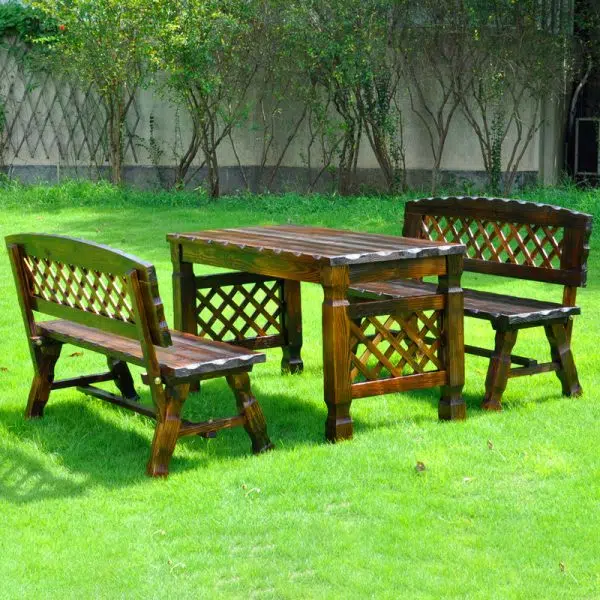 Contemporary Retro Fir Rectangular Lattice Outdoor Coffee Table & Chair Set For Outdoor Patio - Image 2