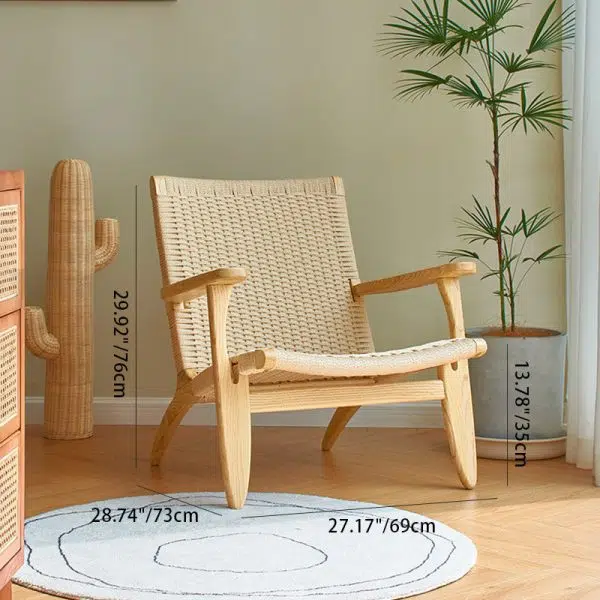 Contemporary Scandinavian Rectangular Wood Rattan Chair Backrest Armrest For Living Room - Image 4